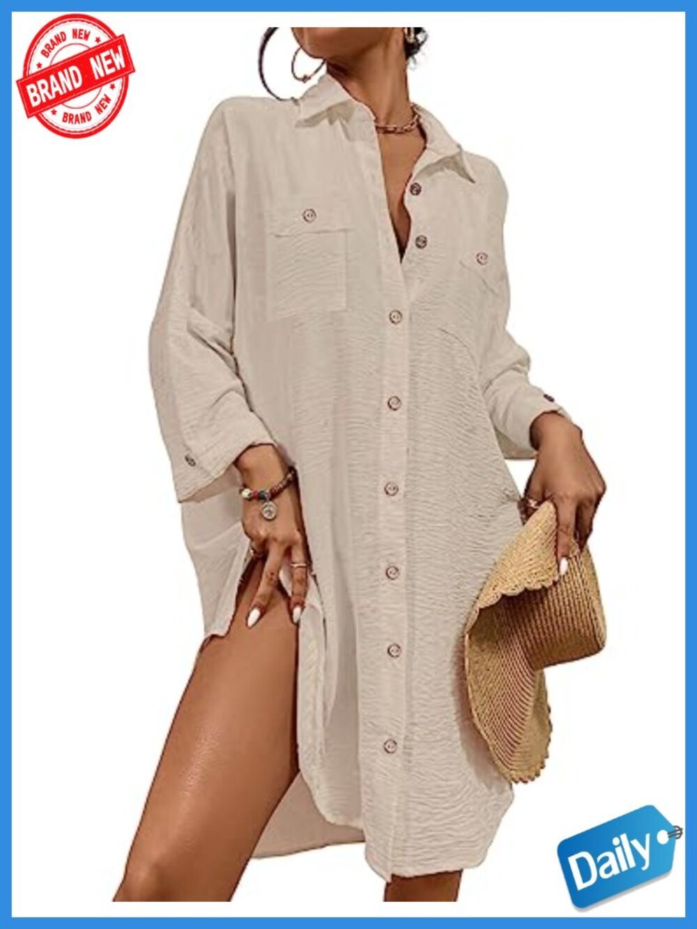 Modern Button Down Swimsuit Cover Up with Long Sleeves - Loose Fit Beach Shirt